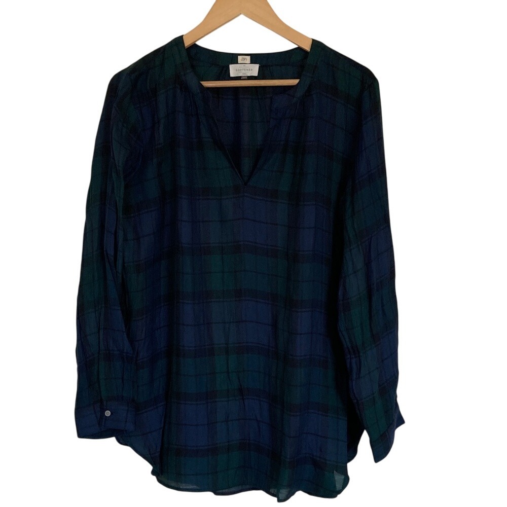 Loft Womens Plaid‎ V-Neck Popover Blouse Size Large Green Blue Preppy Office